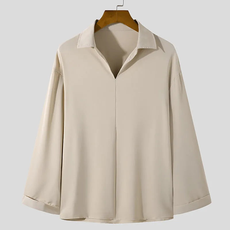 Men's loose lapel casual shirt in polyester with long sleeves and pullover design