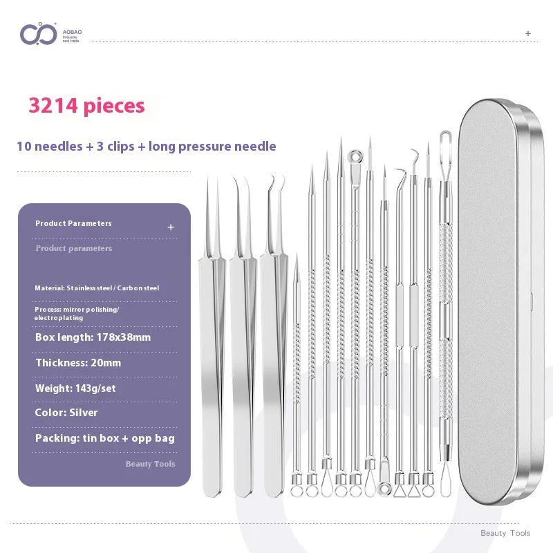 Four-piece stainless steel acne needle set with ultra-fine pointed tips and extraction clip on silver background