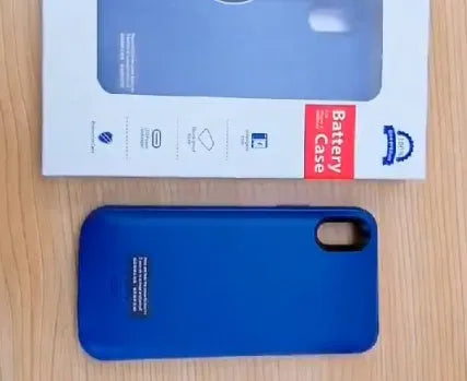Shockproof silicone iPhone charging case with external battery in black, blue, pink, or white colours
