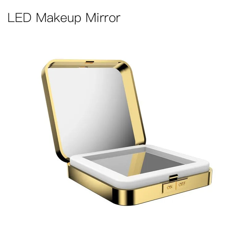 Dual-sided makeup mirror showing 4x magnification side and adjustable lighting controls in black finish