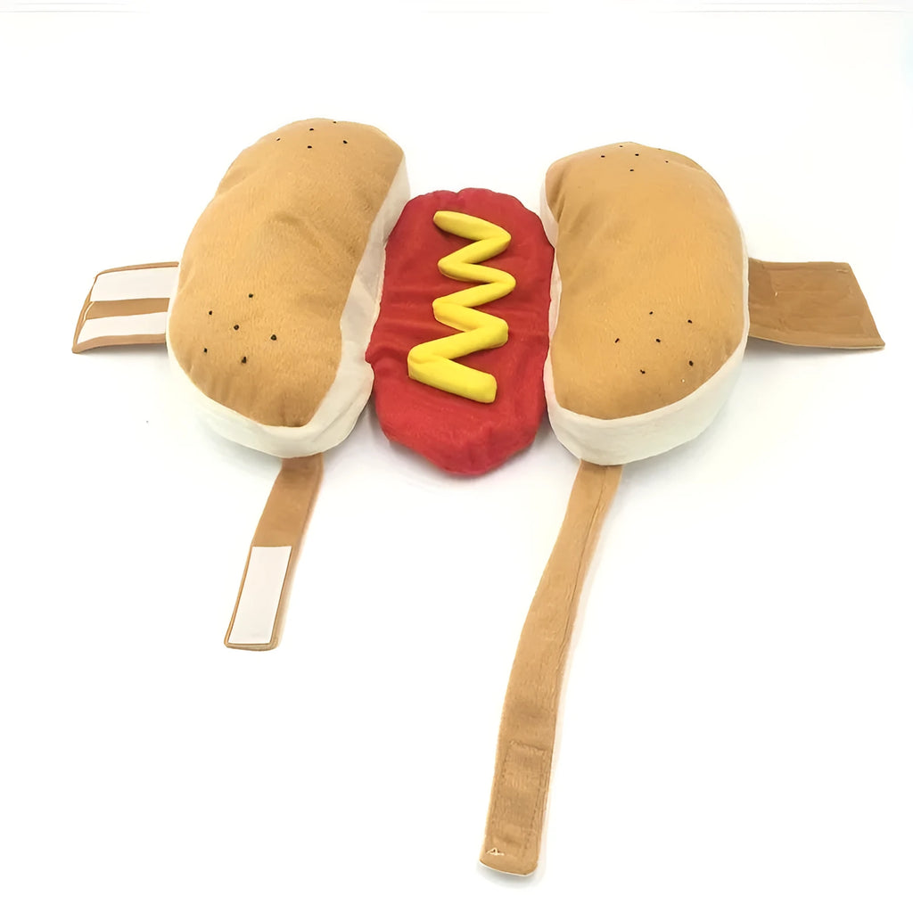 Red and brown plush hot dog costume on a small dog, showing velcro neck fastening.