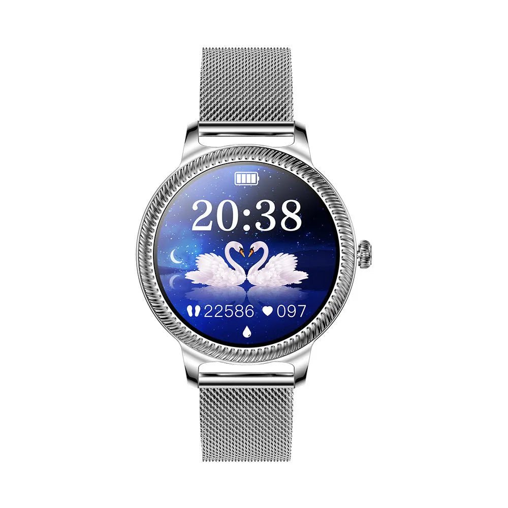 AK38 ladies smart watch with stainless steel band showing on wrist, screen displaying time.