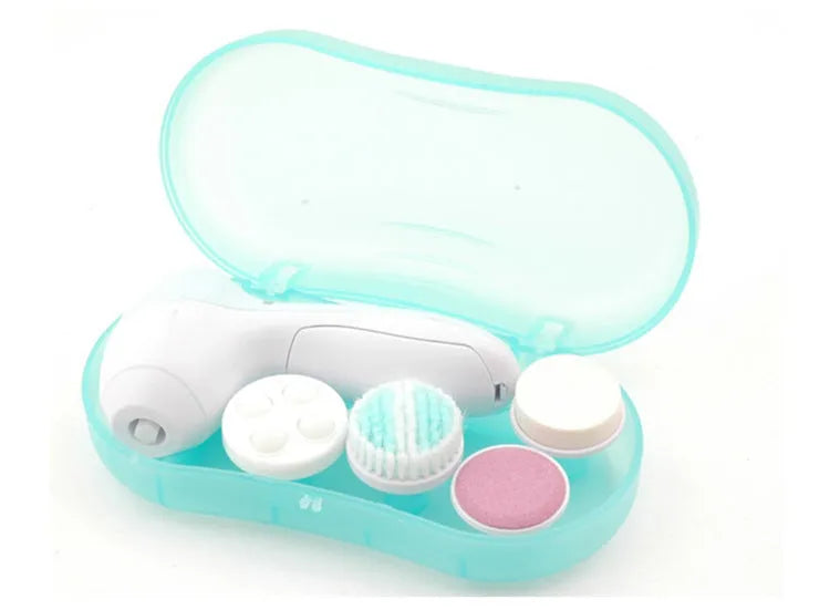 Pink electric facial cleanser with soft brush attachment and roller massager on white background, compact size