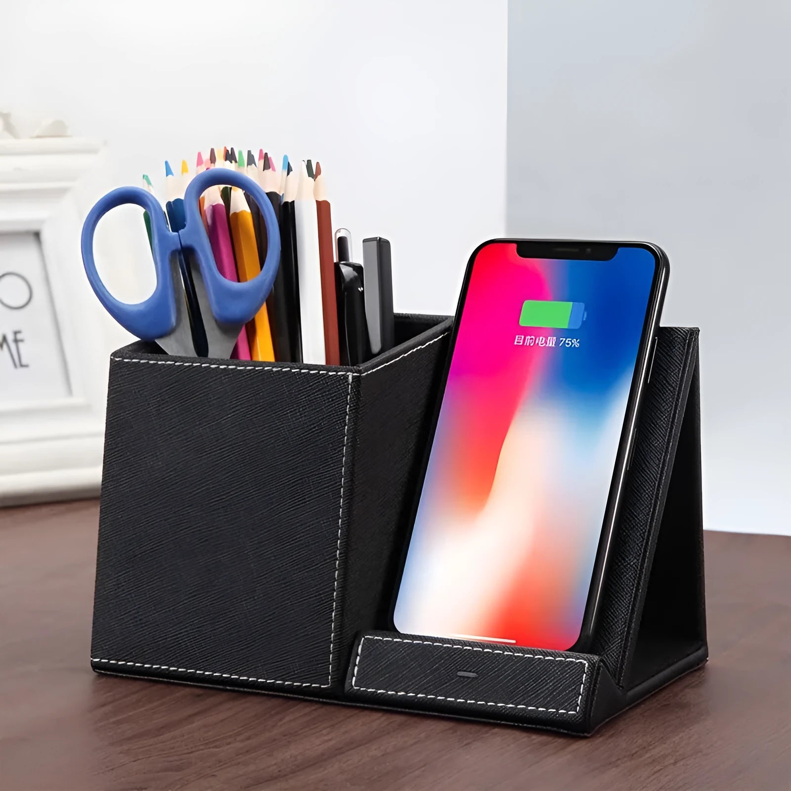 Leather desk organiser with pen holder and wireless phone charging surface