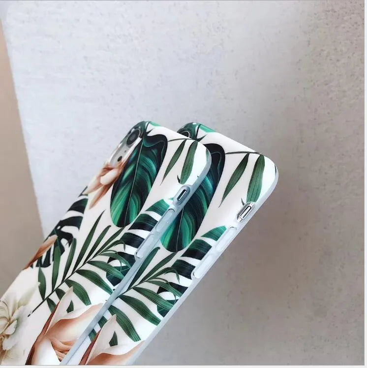 Retro soft floral TPU phone case with flower and banana leaf art for iPhone XR and XS Max