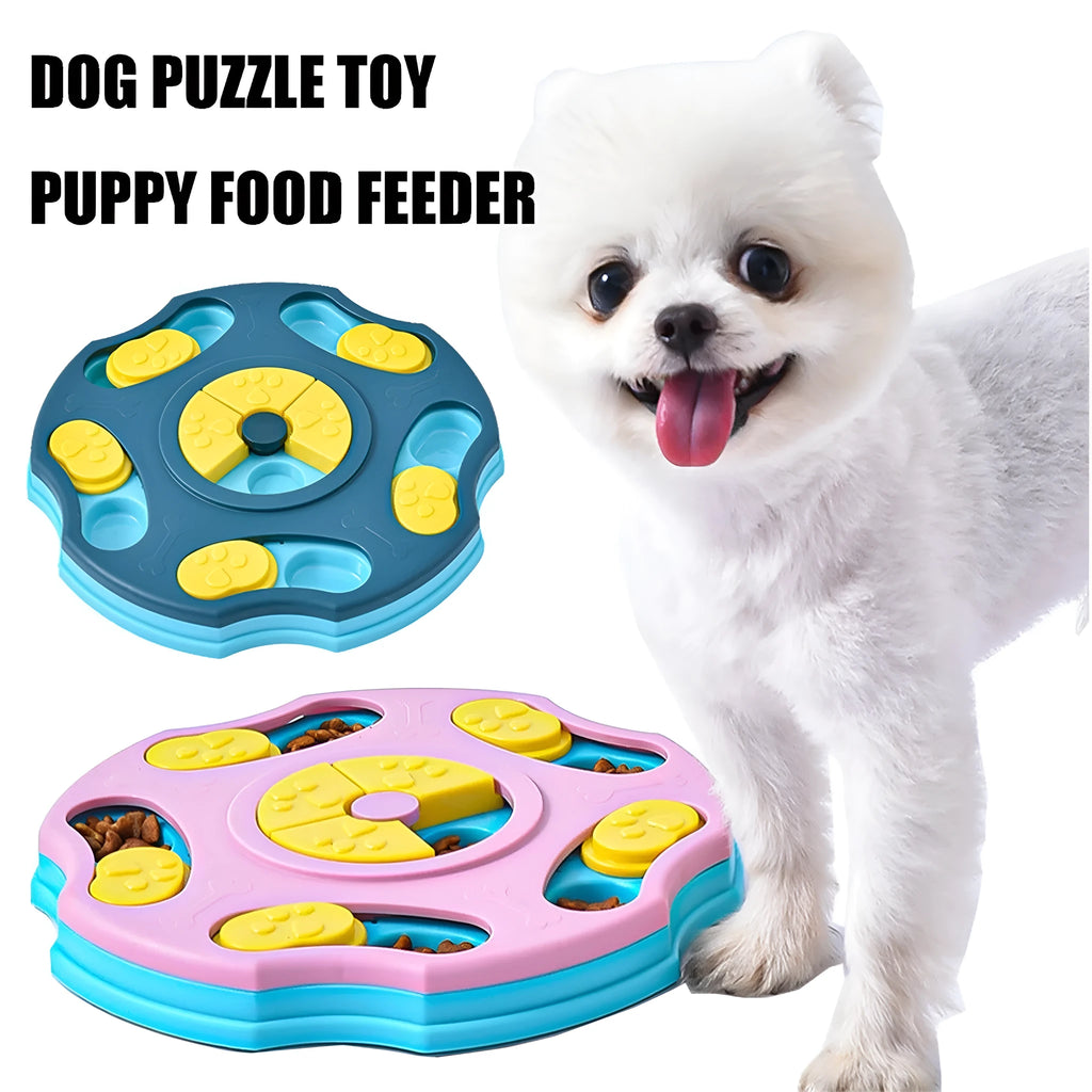 Blue and pink dog puzzle feeder bowl toy for interactive food searching and slow eating