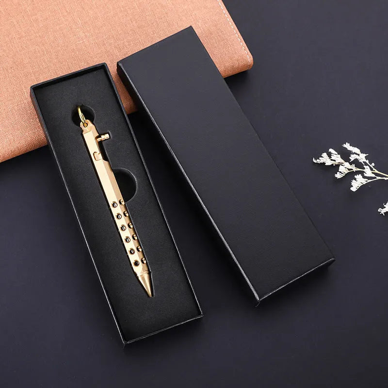 Brass hexagonal bolt pen with 6-angle design showing length and diameter dimensions