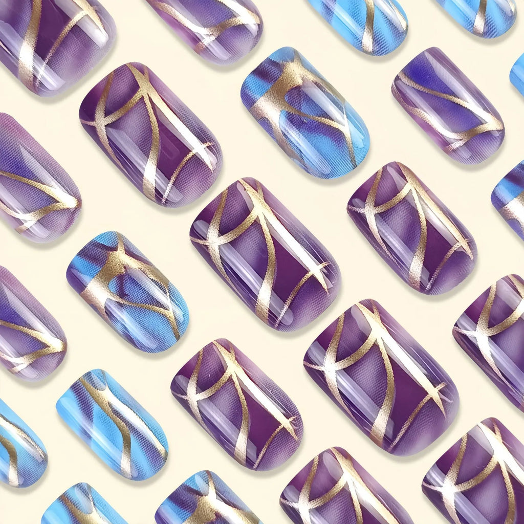 Purple striped mid-length nail stickers with European and American style on a light background