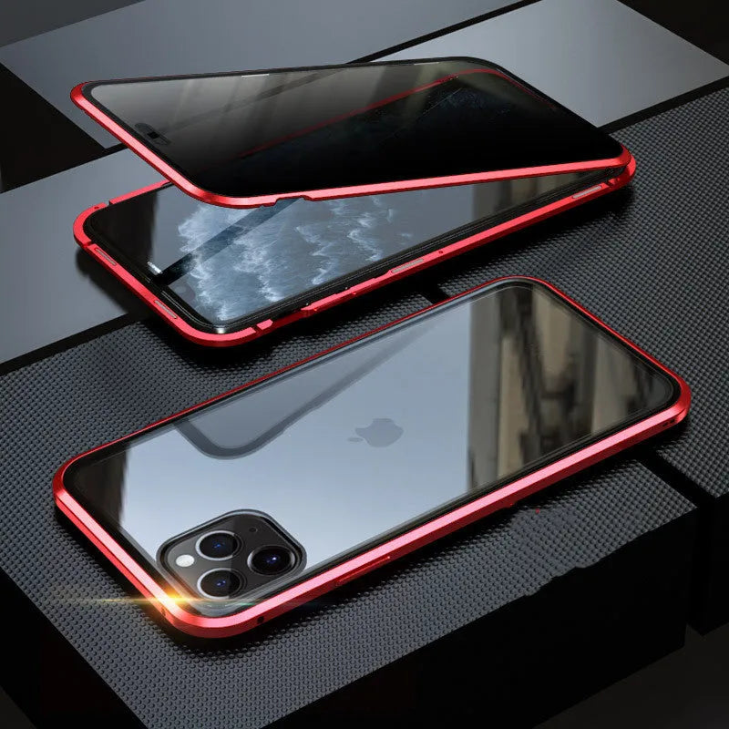 Glass anti-spy mobile phone case for iPhone with clamshell design and geometric pattern in multiple colours.