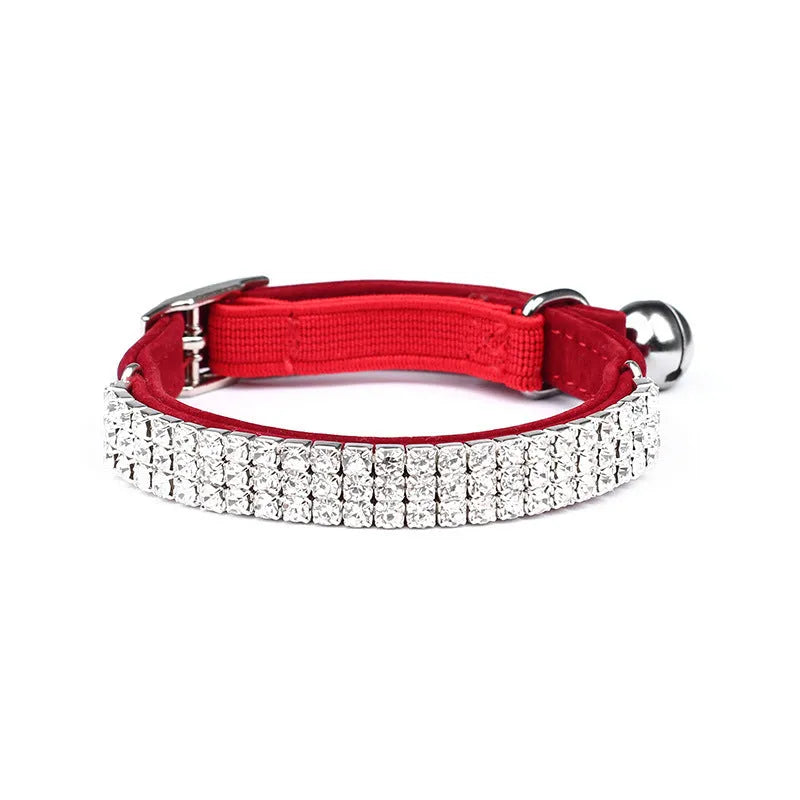 Adjustable velvet cat collar with rhinestones in red, blue, purple, black, or pink colours