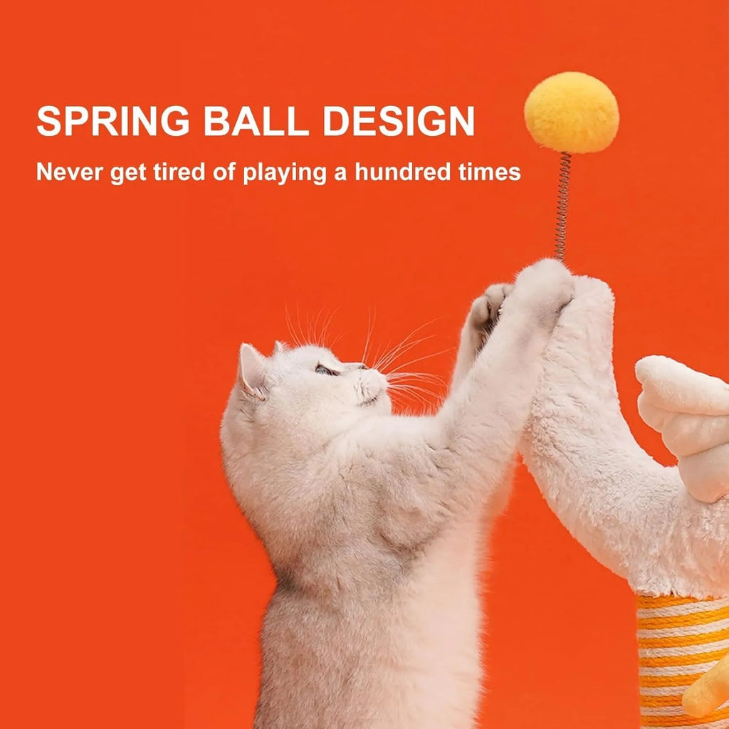 Yellow sisal rope cat scratching post with spring ball toy attached