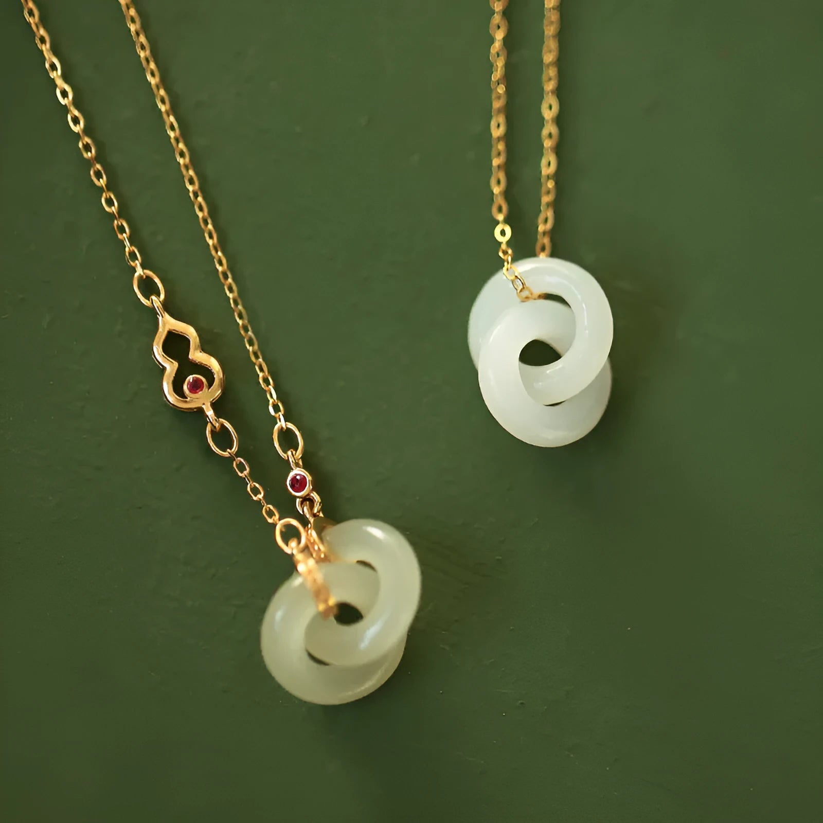 Gold-plated copper necklace with natural Hetian Jade gourd pendant on adjustable cross chain 41-50cm
