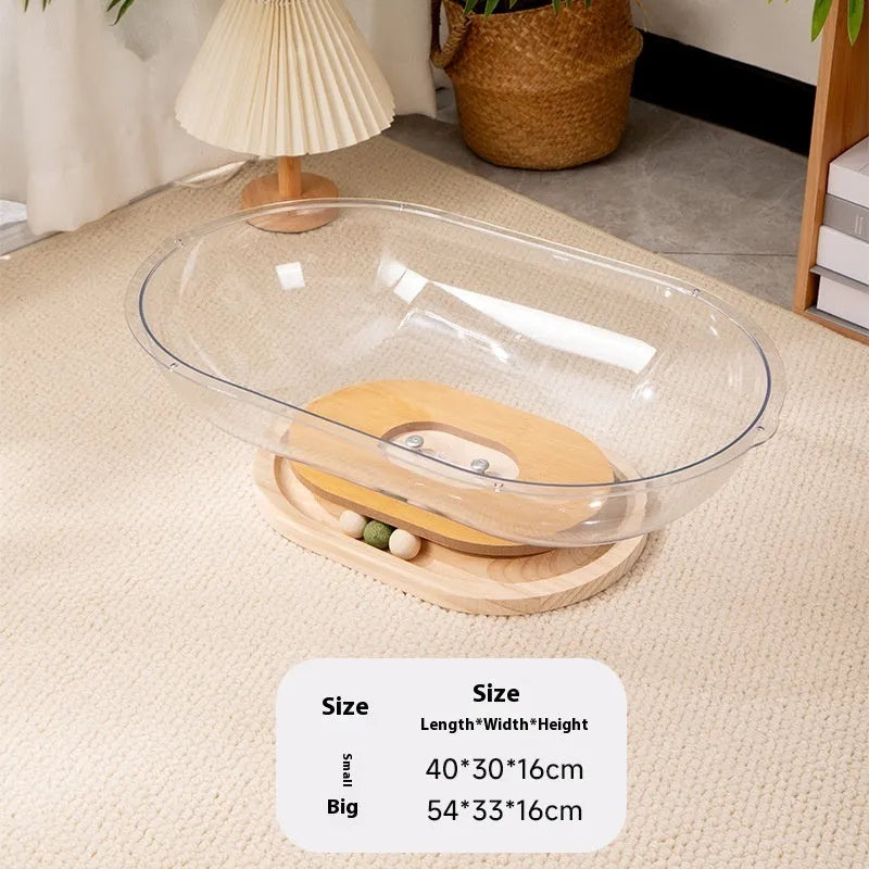Transparent acrylic space capsule cat bed on wood board base