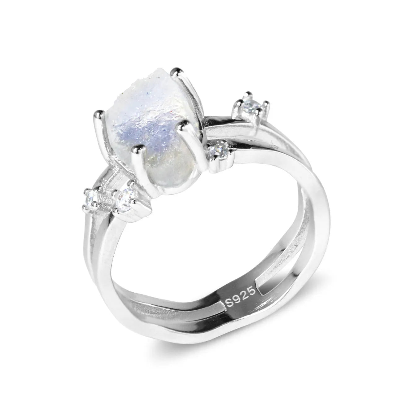 S925 sterling silver geometric triangle ring with moonstone centrepiece in rose gold electroplated finish