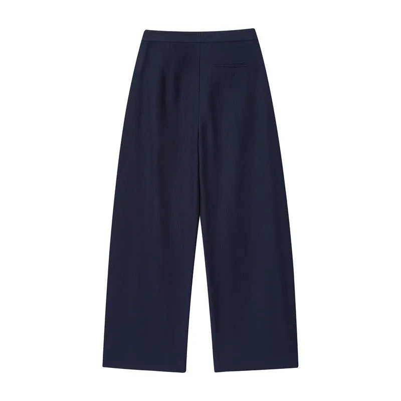 Women's linen style two-piece set with flounced sleeve shirt and wide leg trousers