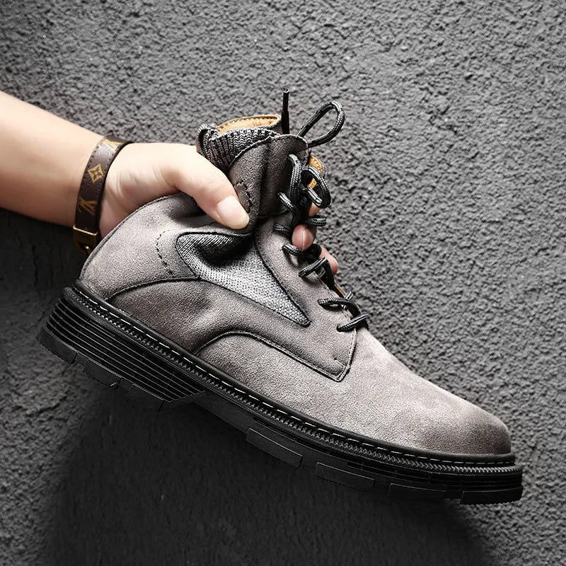 Men's vintage frosted microfibre leather Martin boots with a low thick heel and round toe.