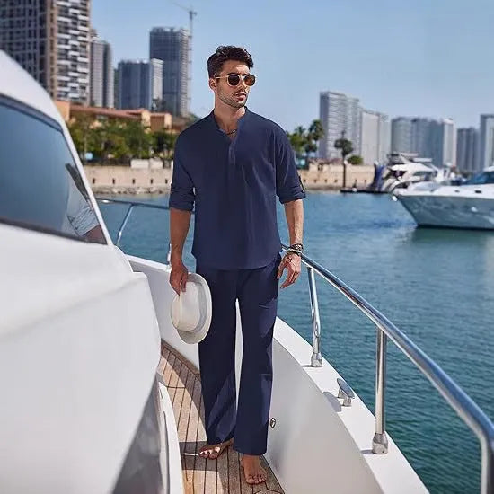 Cotton men's long sleeve trousers suit in solid colour for casual leisure wear