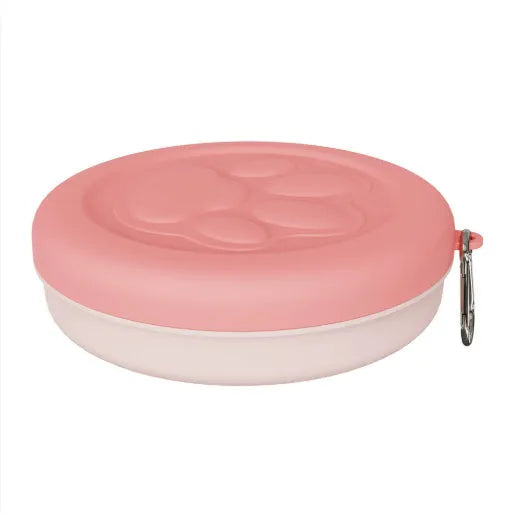 Portable dog bowl with snack box compartment in two-tone light green colour