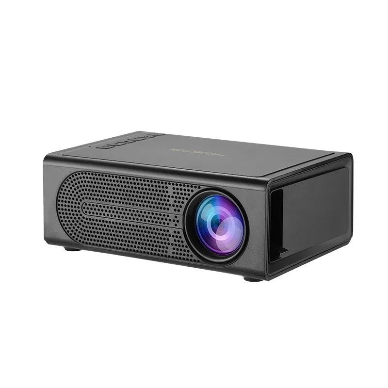 Portable mini projector in black or white colour with wired mobile phone connection and international plugs