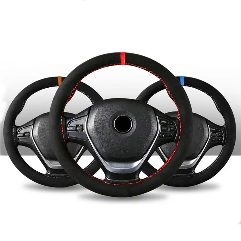 Suede microfiber steering wheel cover with black stitching, fitted on a car steering wheel, 38cm diameter