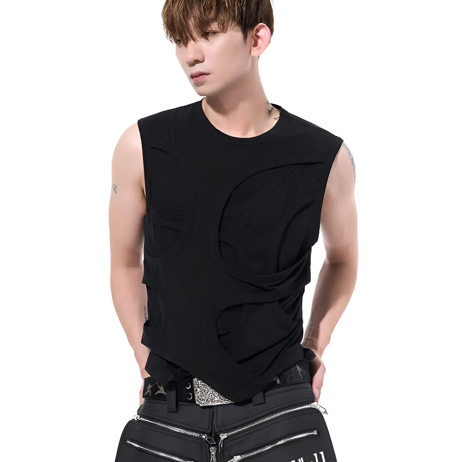Men's solid colour lyocell summer vest, black, round neck, standard fit tank top