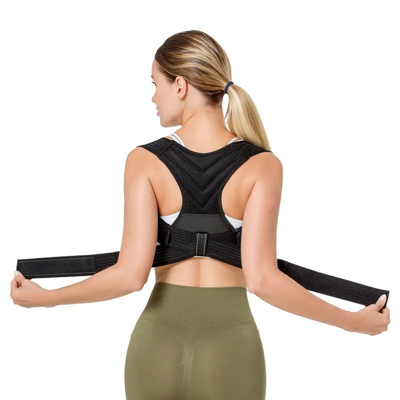 Black anti-humpback posture correction belt for back support during sports activities