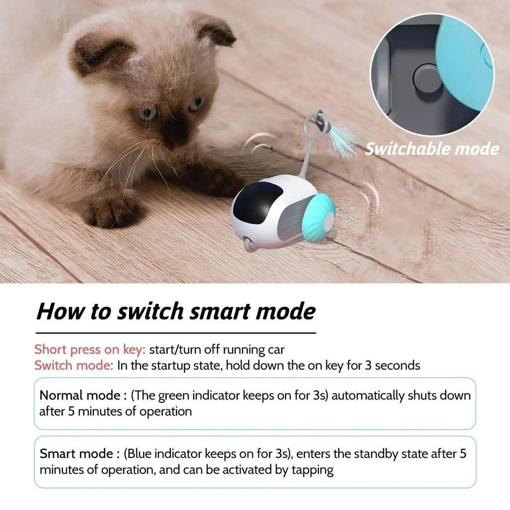 Smart cat toy car with feather teaser in blue, USB rechargeable, remote controlled