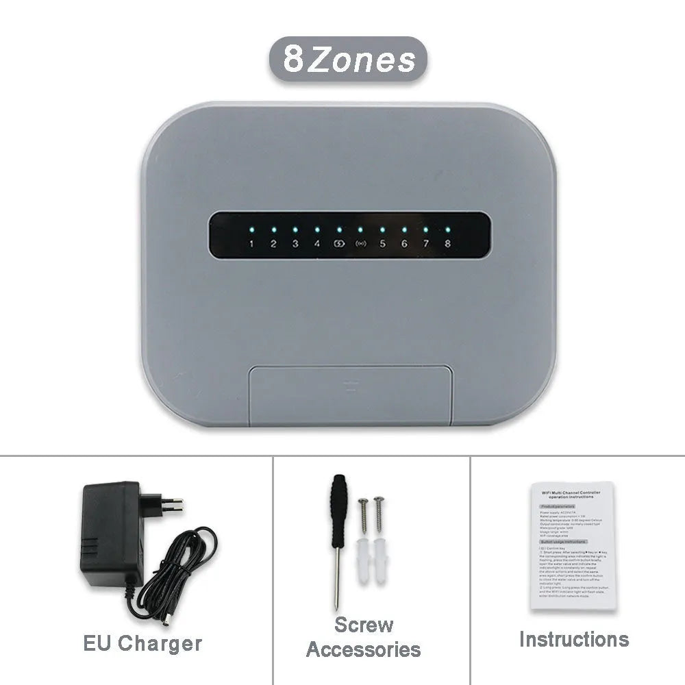 8-way smart water valve irrigation controller with wireless bridge and scheduled watering, available in black, gray, green, white