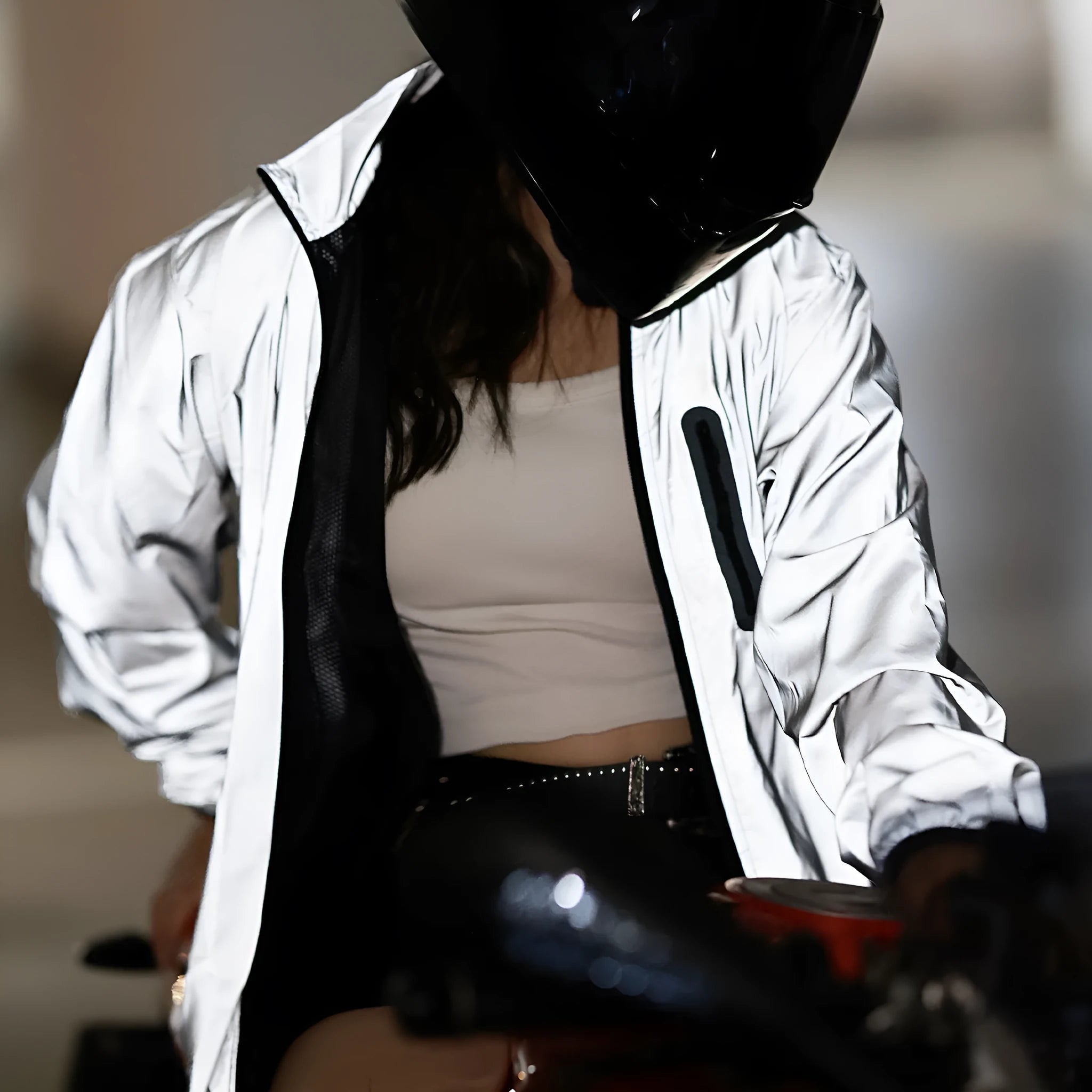 Silver waterproof polyester windproof coat with long sleeves showing Asian and European sizing labels