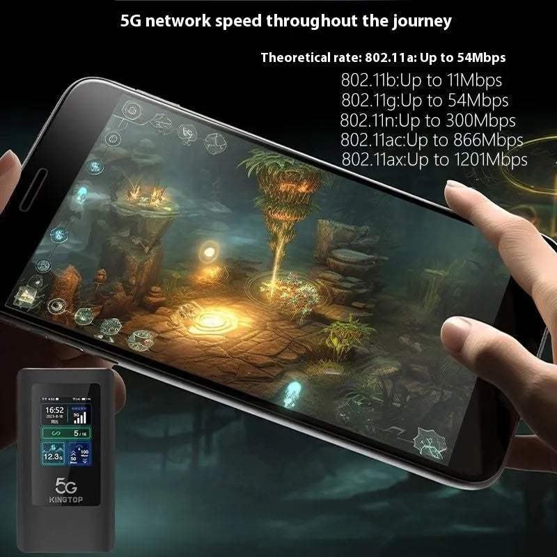 Black 5G portable Wi-Fi router with LCD screen, showing dimensions 125mm x 70mm x 17mm