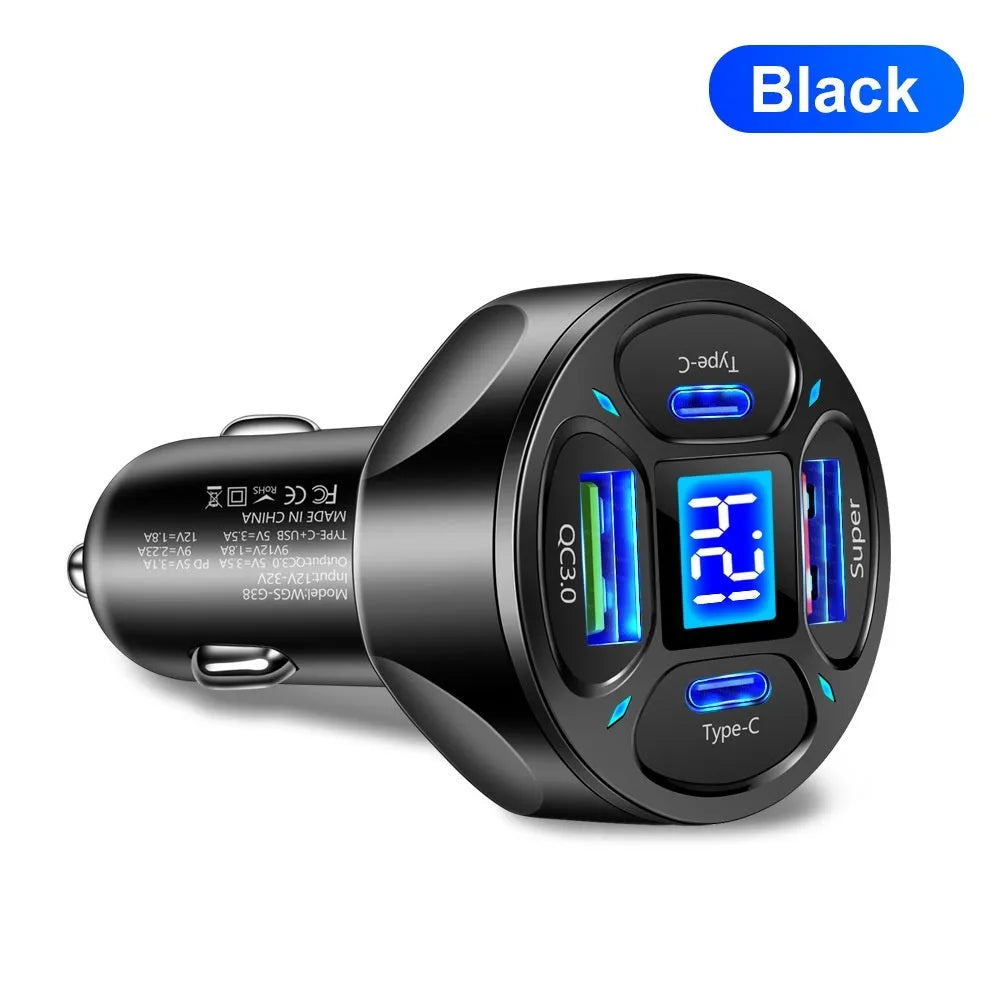 66W black digital display car charger with two USB ports and two Type-C ports