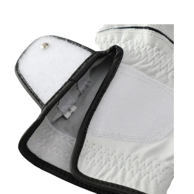 Men's white half sheepskin golf glove showing leather texture and non-slip palm