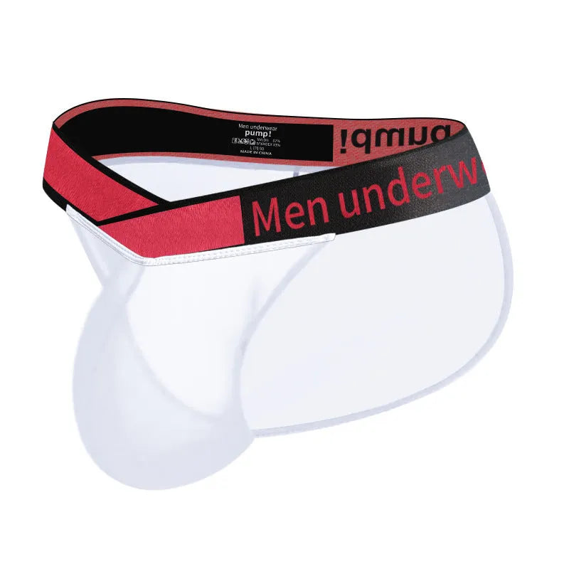 Men's red transparent ice silk breathable underwear briefs with large V gradient high fork design on white background
