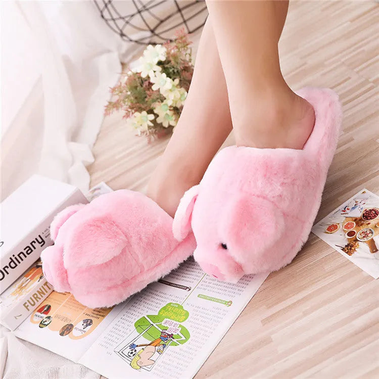 Pink pig-shaped floor slippers with short plush material and PP cotton filling on size chart