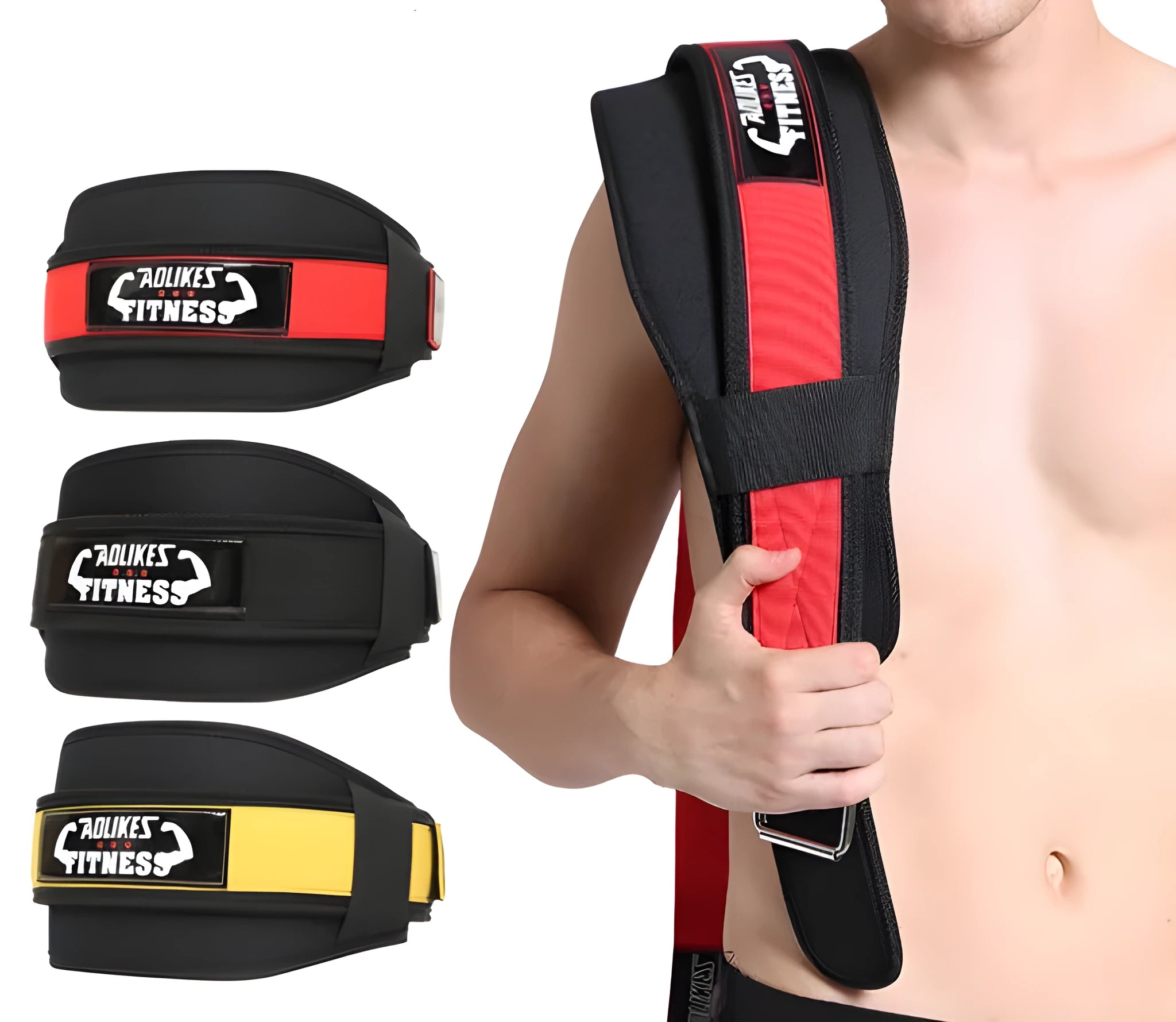 Nylon fitness weightlifting waistband belt in black, red, or yellow colour.