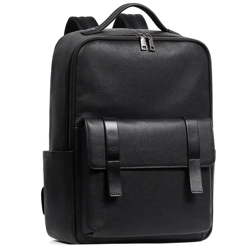 Men's black genuine leather computer backpack with woven detailing and physiological curve back plate