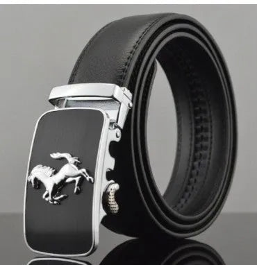 Men's cowhide leather belt with automatic buckle showing leopard print design