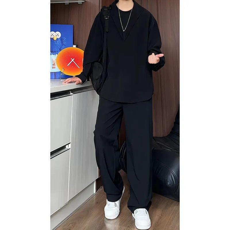 Men's black casual two-piece set with long sleeve polo shirt and matching trousers