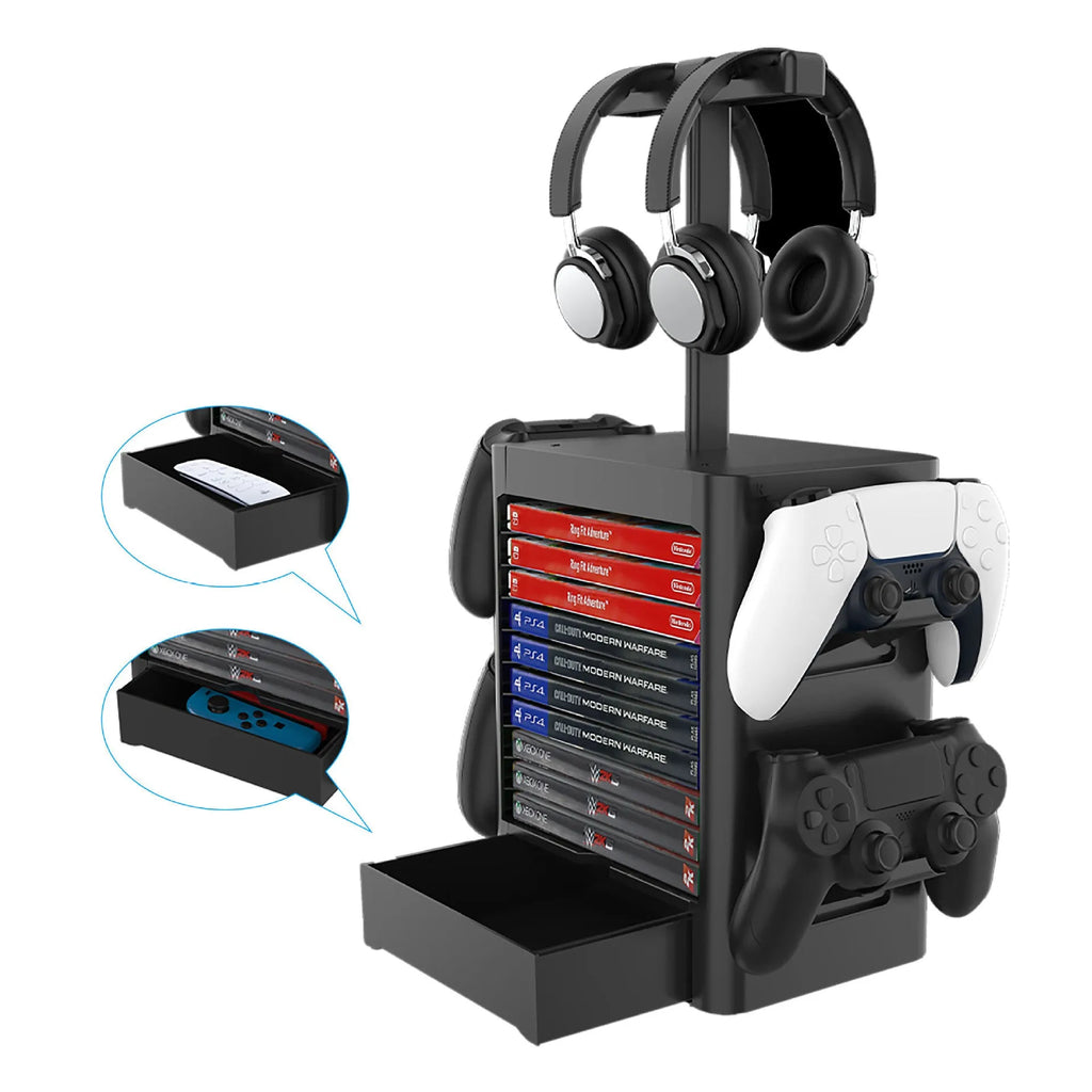 Black ABS game console storage rack with drawer and controller hangers for PS5 Xbox Switch