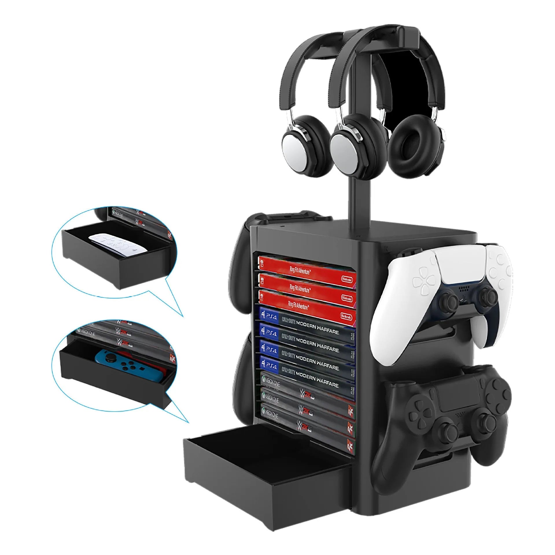 Black ABS game console storage rack with drawer and controller hangers for PS5 Xbox Switch
