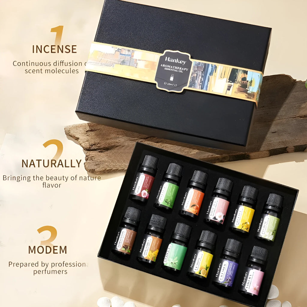 Water soluble aromatherapy essential oil set in boxed packaging with multiple quantity options