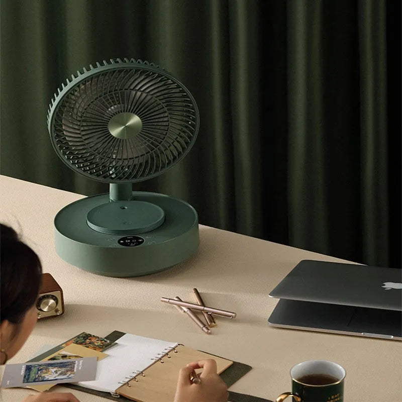 Storage floor electric fan in white, telescopic folding from desktop to vertical standing height, with magnetic remote control