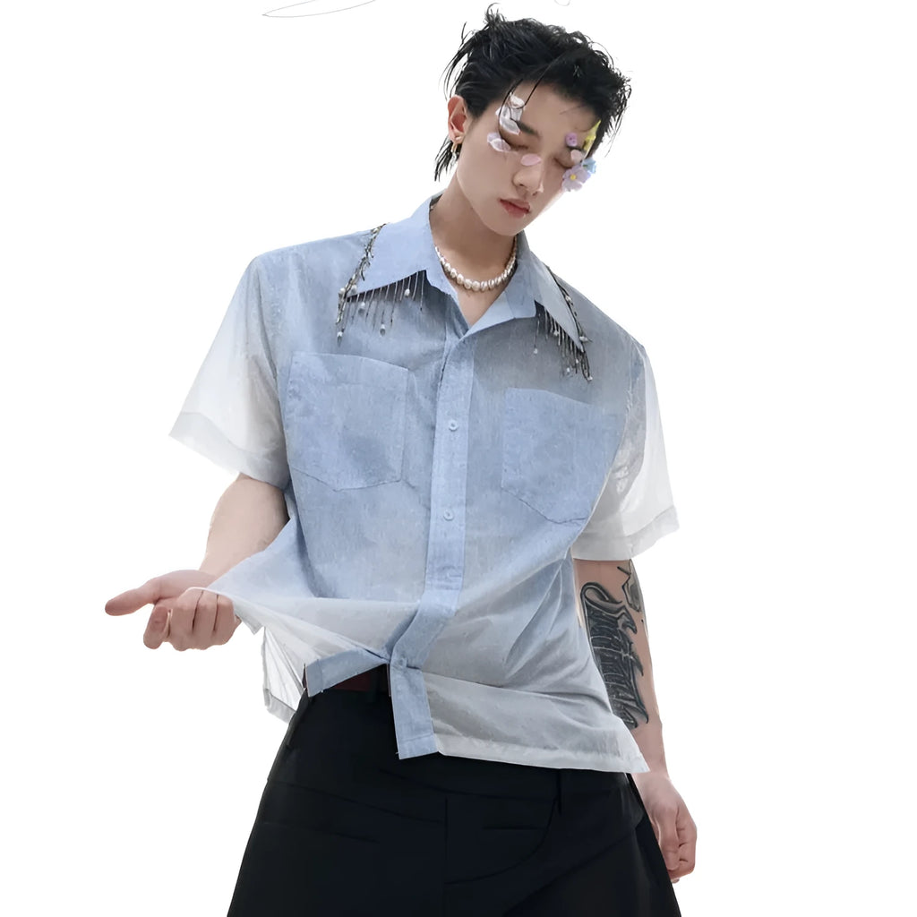 Blue and white gradient short sleeve polyester shirt with loose summer fit