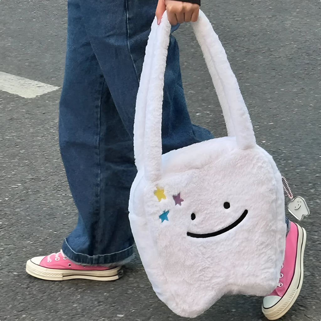 White plush shoulder tote bag with cute teeth pattern decoration and crossbody strap