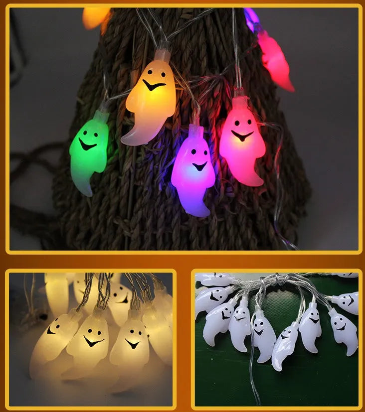 Halloween string lights with pumpkin, bat, and ghost LED lanterns hanging, showing white and coloured light options.