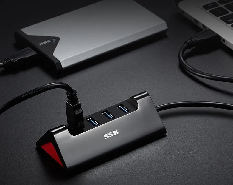 Black ABS 4-port USB expansion dock with USB 3.0 and USB 2.0 interfaces and cable