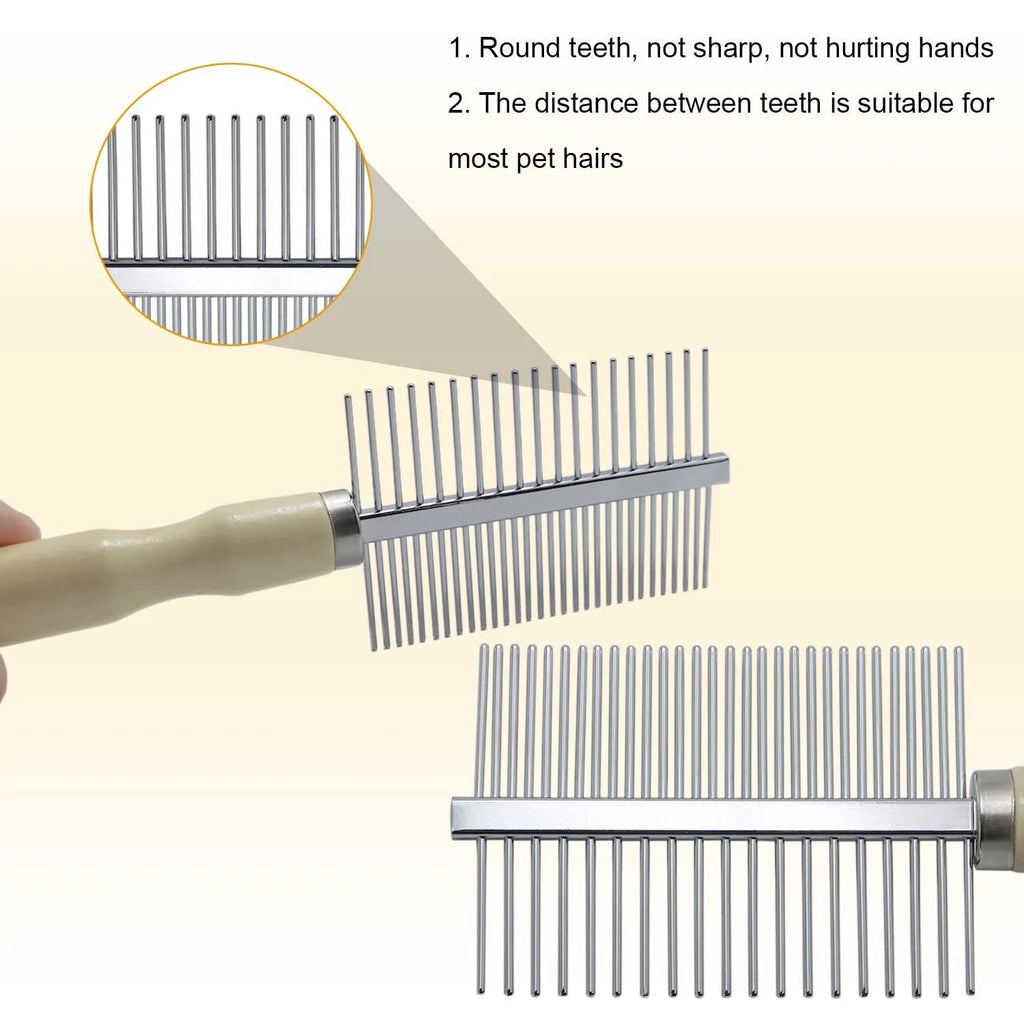 Wooden handle pet grooming comb for dogs and cats with round safety needles
