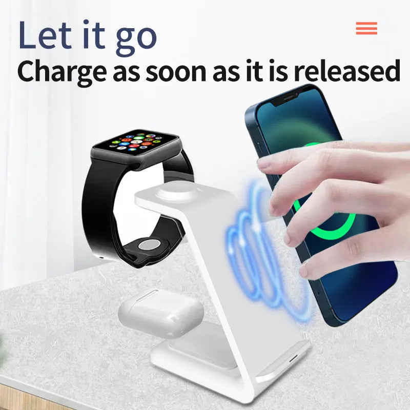 White 3-in-1 upright wireless charger with phone holder showing Type-C cable connection