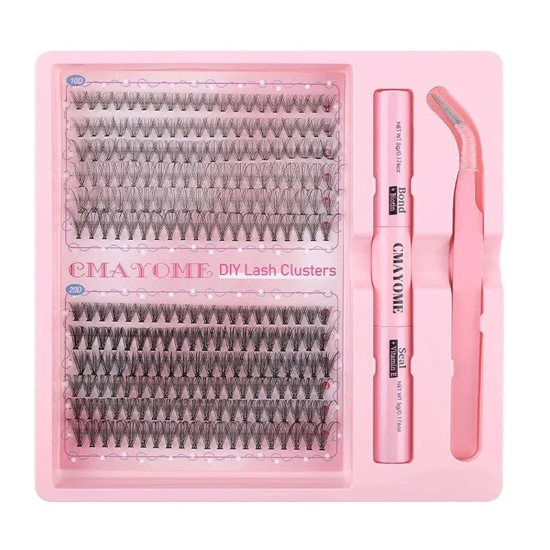 DIY single cluster false eyelashes showing artificial fibre mixed split type clusters on storage tray