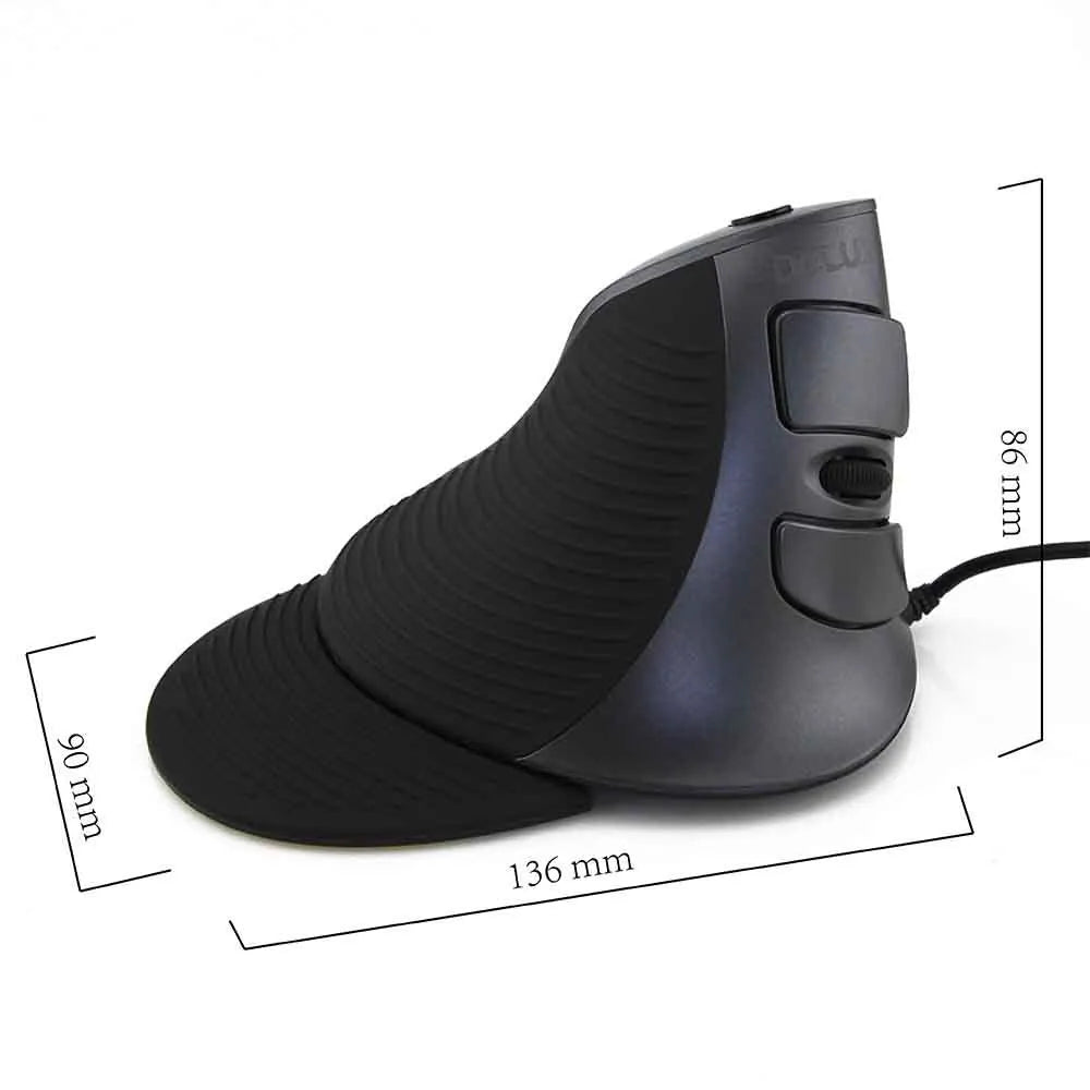 Black and white wired vertical ergonomic mouse for desktop computers on a wooden desk.